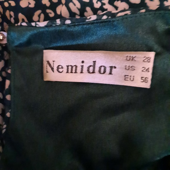 NEMIDOR WOMEN'S DRESS 24 LINED GREEN‎ WHITE BOHO FIT N FLARE SHORT BELL SLEEVE - Picture 7 of 8